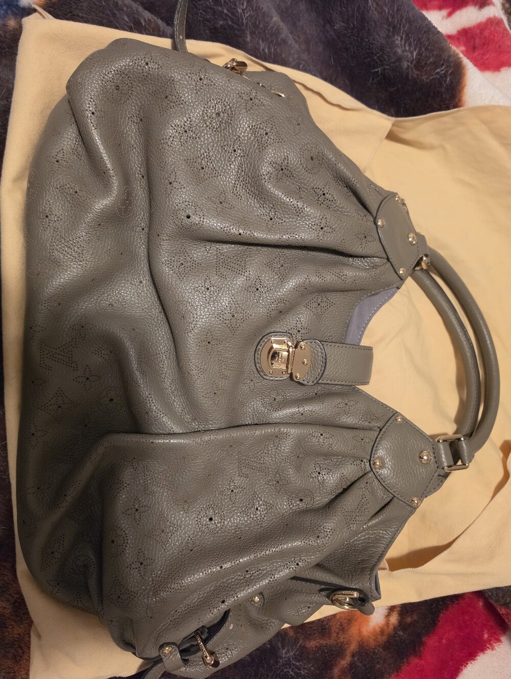 Gray Perforated Leather Satchel Handbag